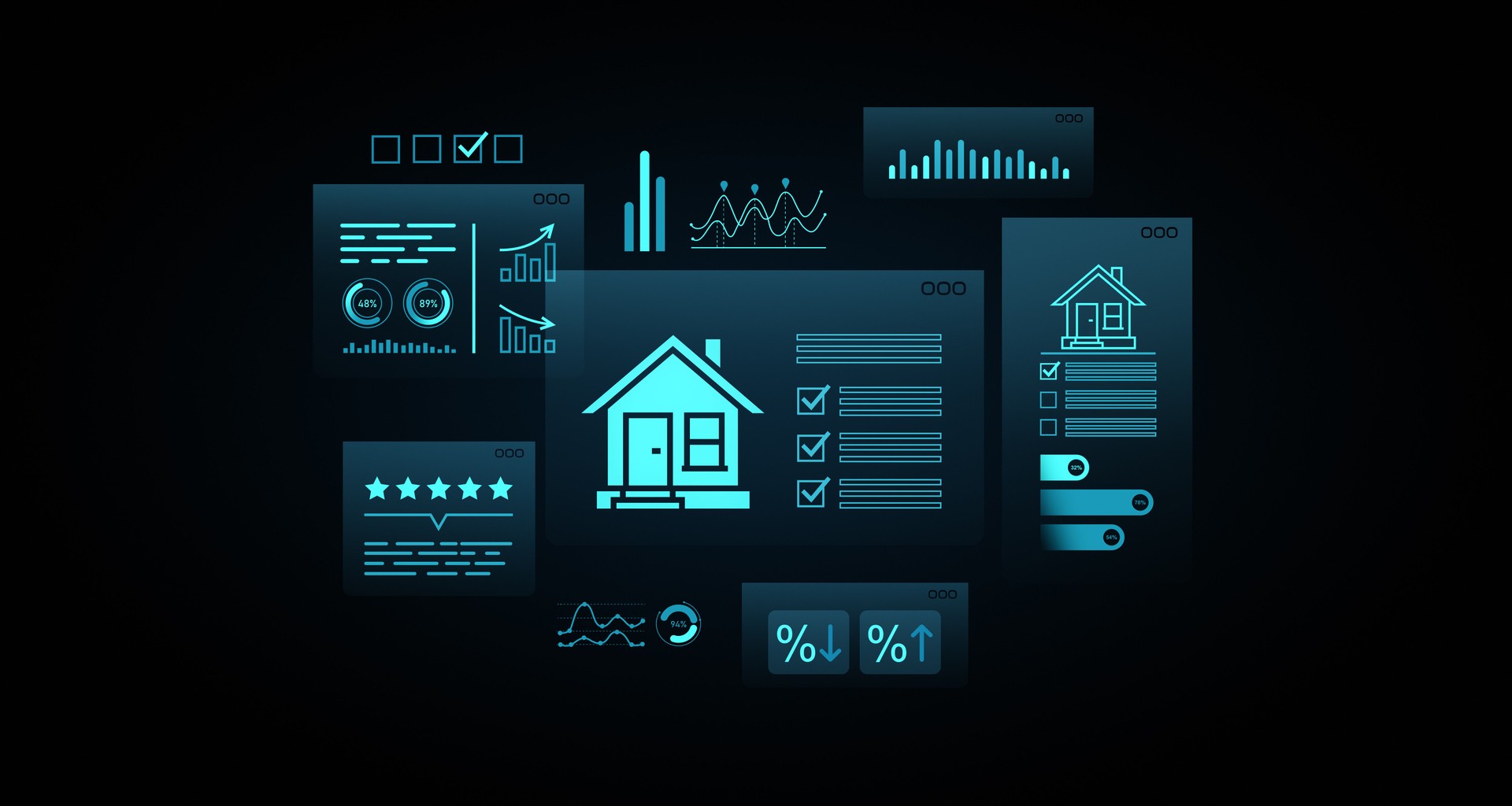 Futuristic 3D concept dashboard interface with glowing house icon, graphs, checklists, and analytics widgets on dark digital background. 3D Rendering Futuristic 3D concept dashboard interface with glowing house icon, graphs, checklists, and analytics widgets on dark digital background. 3D Rendering